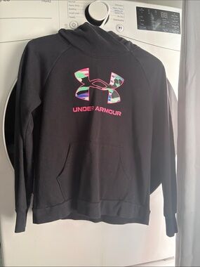 Under Armour Black Hoodie with Multicolor Logo and Pink Text